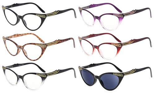 Eyekepper 6er-Pack Damen Cat Eye Brille, Inklusive Sonnenbrillen (je eine Farbe, 0.00)