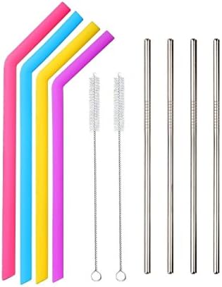 Tovantoe Reusable Drinking 4 Pack +Stainless Steel Silicone Smoothie Straws, Assorted Color