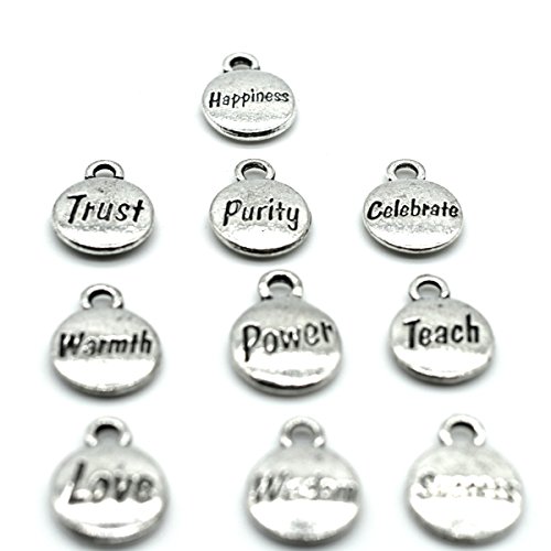 100PCS 10 Words Inspirational Charms Collection, Silver Tone Round Charm Pendants, Vintage Jewelry Supply Lot, C39