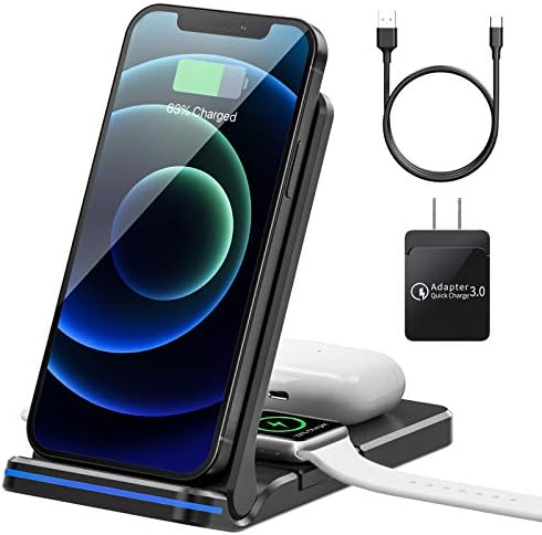 Wireless Charger Foldable Wireless Charging Station 15W 3 in 1 Qi Certified Fast Charger Stand for Apple Watch iPhone AirPods Samsung Galaxy Cell Phone with QC 3.0 Adapter