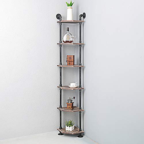 Weven 6-Tier Industrial Pipe Corner Shelves Modern/Rustic Book Shelves with Real Wood,Corner Bookshelf Display Stand,Metal Standing Home Decor Shelf Units - Thumbnail 2