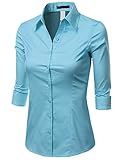 Doublju Solid 3/4 Sleeve Cotton Button Down Collared Shirt ( Plus size available)