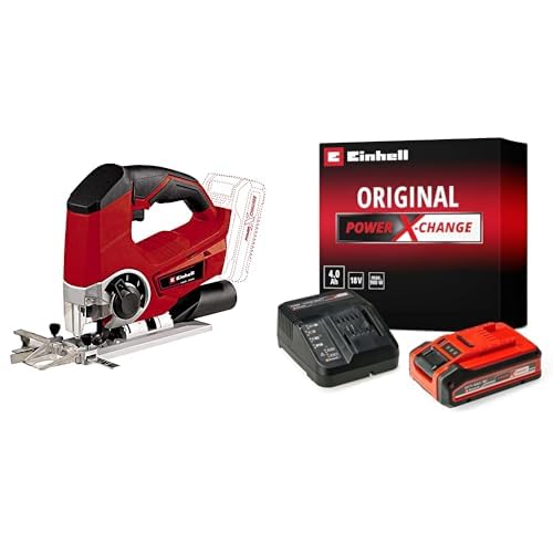 Einhell Power X-Change 18V Cordless Jigsaw With Battery And Charger - Battery Powered Electric Saw To Cut Wood, Plastic and Metal - TE-JS 18/80 Li Jig-Saw Tool With Angle Adjustment