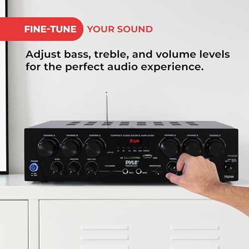 Pyle Sistema de Amplificador de Audio Inalámbrico Bluetooth para el Hogar, Sistema Mejorado de 6 Canales, 750W, Receptor Estéreo con USB, Micro SD, Entrada para Auriculares y