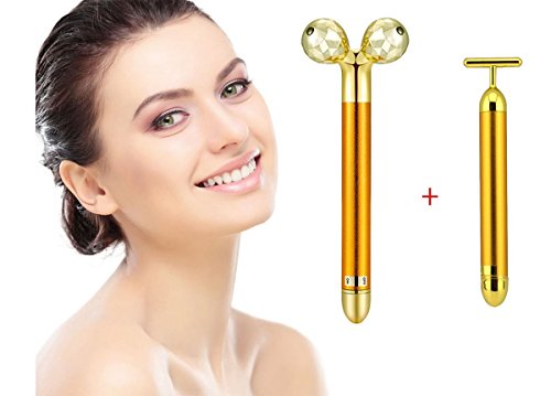 Beauty Bar 24k Golden Pulse Facial Massager VIPER-Q T-Shape Electric Face Beauty Massager + 3D Roller Face Massager Anti-Wrinkles,Skin Tightening Face Firming Eliminate Dark Circles