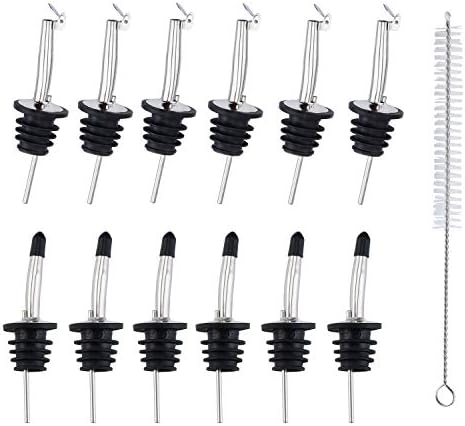 12 Pack Stainless Steel Classic Bottle Pourers Set, Liquor Pourers with Caps, Tapered Spout with Rubber Dust Caps and 1 Free Cleaning Tube Brush Oil Bottle Pourer