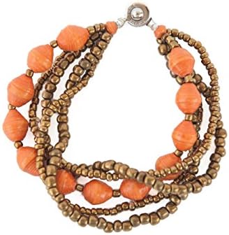Orange Five Strand Recycled Paper Bead Necklace Handmade with Love in Uganda, Africa