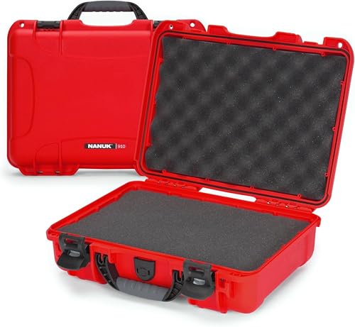 NANUK 910 – Wasserdichter Schutzkoffer aus NK-7-Kunststoff mit individuell anpassbarem Schaumstoff-Einsatz (36,3 x 28,2 x 11,9 cm) (Rot)