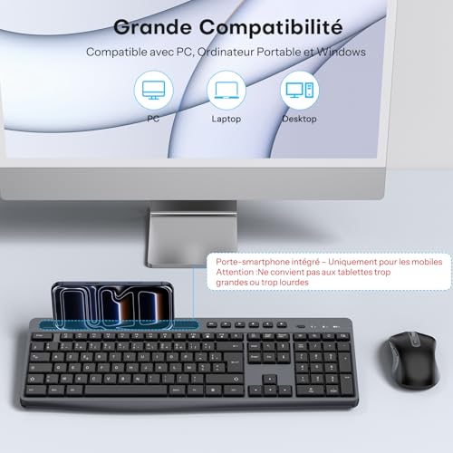 OMOTON AZERTY Wireless Keyboard and Mouse, 2.4 GHz Wireless Keyboard and Mouse Set, Standing, Quiet, Multimedia, Ergonomic, Full Size Compatible with Windows/Linux PC, Ideal for Office (Black-Grey)