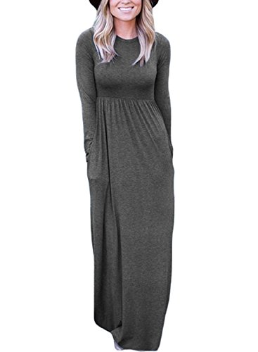 Dearlovers Women Round Neck Long Sleeve Plain Maxi Casual Dress Small Size Dark Grey