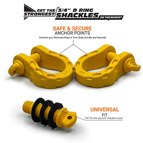 GearAmerica Mega Duty D Ring Shackles Yellow (2 PK) | 68000 lbs (34 US Ton) Strength | 3/4" Shackle + 7/8 Pin + Washers| Securely Connect Tow Strap or Winch Rope to Jeep for Off-Road 4x4 Recovery - Thumbnail 2