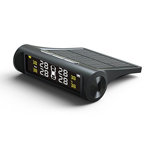 TUTUO Auto TPMS Tire Pressure Monitor System, Wireless Solar Power with LCD Display, Tire Pressure Gauge with 4 External Cap Sensors