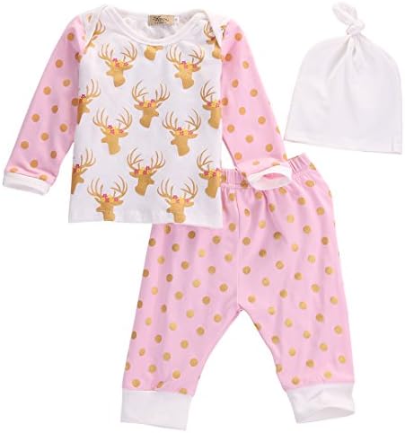 Christmas Baby Girls Deer Head Clothes 3 Piece Set - Top, Pants &amp; Hat (0-6 Month)