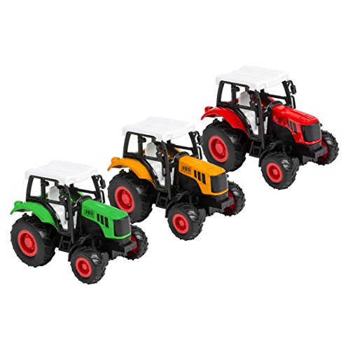 3 Pc Set - 4 Inch Die Cast Pullback Action Farm Tractor Trucks