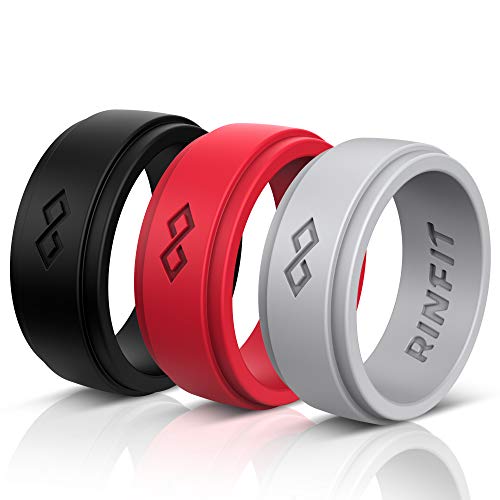 Rinfit Silicone Wedding Ring for Men - 3 Rings Set Designed, Safe, Soft Rubber, Silicone Men's Wedding Band. (12, Black, Red, Gray)