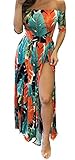 Imily Bela Women's Half Sleeve Off Shoulder Feather Print Slit Hem Maxi Dress for Party