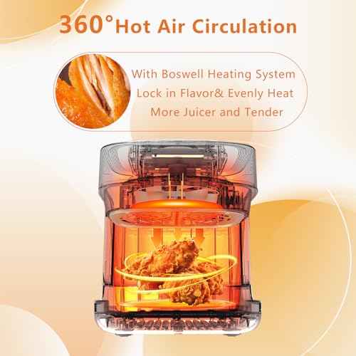 BOSWELL Glass Air Fryer, 7.5QT with Transparent Fry Bowl, Circulating Heating, Temperature Control, Air Fryer Roast, Dishwasher Safe (white)