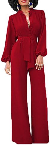 Yuare Women's Sexy Solid Jumpsuits Fashion V Neck Buttons Wide Leg Long Sleeve Pockets High Waisted Belted Flare Romper Pants Size M Red