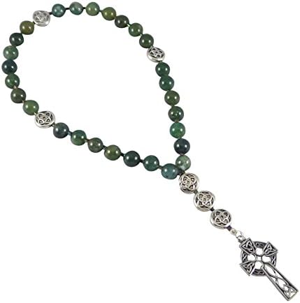 Anglican Rosary Beads, Moss Agate, Celtic Cross, Prayer Bag, Instruction Booklet