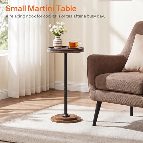 HOOBRO Round Tall Side Table, Round Small Drink Table, Retro Pedestal End Table for Living Room, Bedroom, Industrial Martini Table for Small Spaces, Balcony, Rustic Brown and Black EBF168BZ01