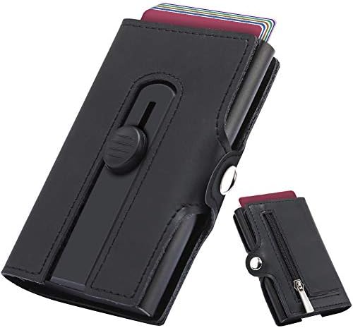 Lomendio Minimalist Leather Wallet, RFID Blocking Slim Credit Card Holder, Automatic pop-up Aluminum Business Card Case