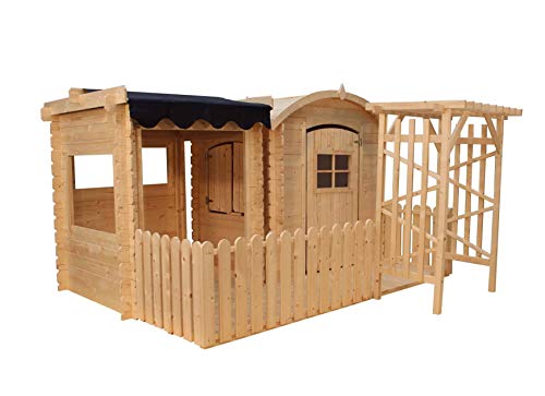 TIMBELA M505+M080M Maisonnette en Bois avec abri et terrasse- Maison de Jardin pour Enfants - pour l'exterieur