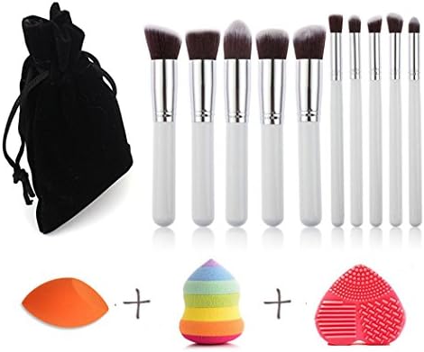 Premium Makeup Brush Set Synthetic Kabuki Cosmetics Foundation Blending Blush Eyeliner Professional Face Powder Brush Kit and Brush Egg & Beauty Sponge Blender & Bag (10+2+1+1pcs,White/Silver)