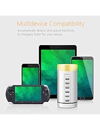 Estación de carga USB de 6 puertos con luz LED nocturna, cargador inteligente Cofuture USB con sensor táctil, lámpara de noche para iPhone, iPad, Android y otros dispositivos cargados por USB en dormitorio u oficina, color blanco