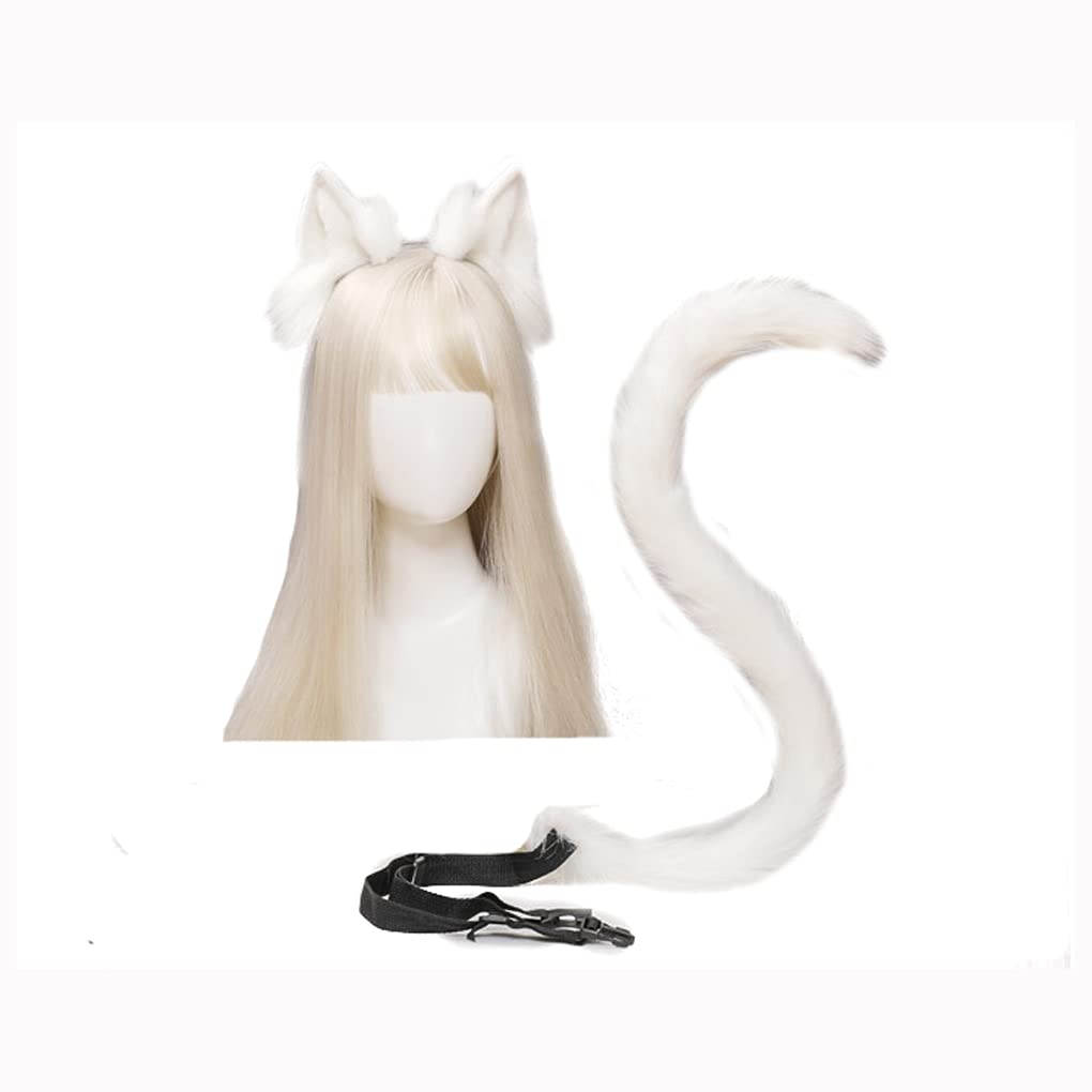 Faxianther Furry Cat Ear Headband Long Tail Set Halloween Costumes for Women Fancy Dress Party Cosplay Animal Ears Headpiece Cat Tail Kit