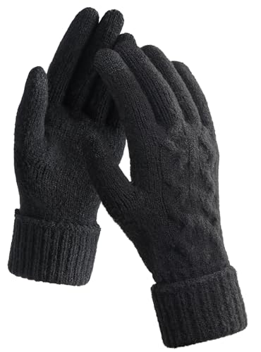 TRENDOUX Winter Gloves for Women Far Infrared Heating Folding Cuffs Touchscreen Soft Skin-Friendly Jacquard Thin Knit Glove
