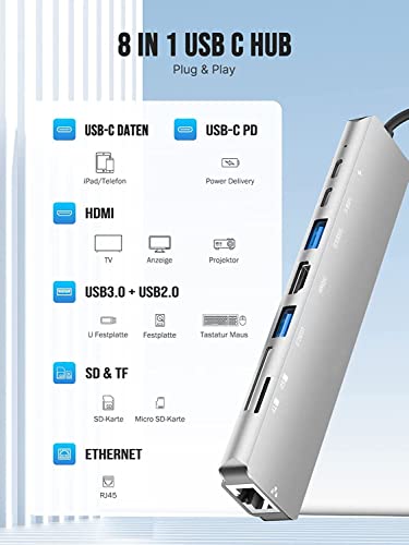 USB C Hub Ethernet Adapter, 8 in 1 USB-C Adapter with HDMI 4K 30Hz, LAN RJ45, 100W PD, SD/Micro SD, USB 3.0/2.0 for MacBook Pro/Air M1, iPad Pro/Air, Surface Pro 8 Docking Station
