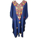 Mogul Interior Women Blue Short Caftan Dress Embellished Knee Lenght Boho Kaftan One Size