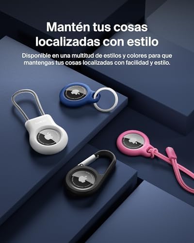 Funda AirTag con Correa, Llavero AirTag Resistente a los Arañazos, Banda para Aro de Llavero, Frontal Abierto y Bordes Elevados, Cubierta, Localizador de Llaves, Mascotas y Maletas, Blanco