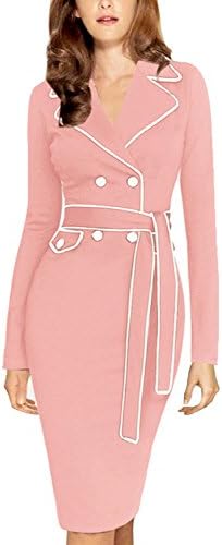 YEEZ Women's Elegant Long Sleeves High Waist Slim Belt Business Pencil Dress Pink,Small