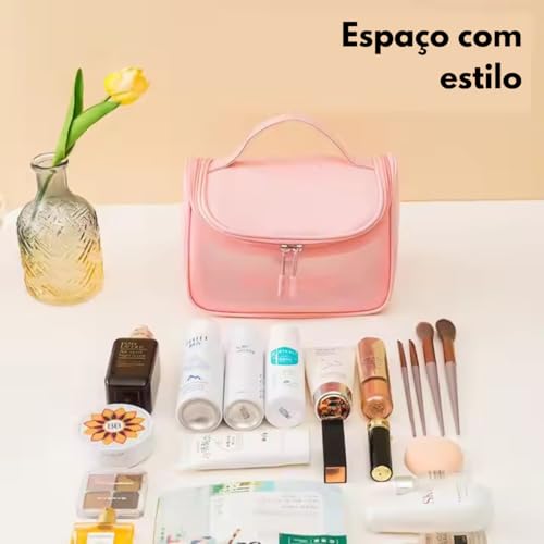 Necessaire Feminina Transparente Viagem Bolsa Ideal para Cosméticos Maquiagem Higiene Pessoal Fechamento com Zíper Fácil Acesso Design Moderno Funcional Impermeável (Rosa)
