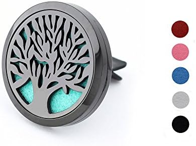 Car Vent Air Freshener - Aromatherapy Essential Oil Diffuser Tree of Life Stainless Steel Locket Large 38 MM Diameter With 5 Refill Pads (Ebony)