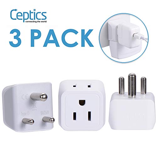 India, Nepal, Pakistan Travel Adapter Plug by Ceptics - Type D (3 Pack) - Ultra Compact - Dual USA Input - Safe Grounded Perfect for Cell Phones, Laptops, Camera Chargers and More (CT-10)