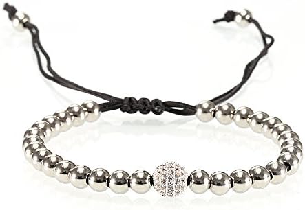 Adjustable Nylon Black Rope String Stainless Steel Bead 6mm and a White Diamond Paved Ball 8mm Bracelet Steel Plated