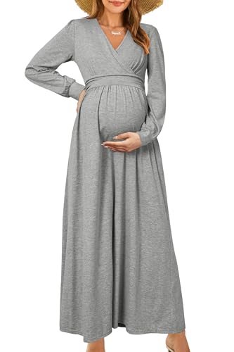 OUGES Women's Pregnancy Fall Baby Shower Maternity Dress(Grey,M) at Amazon