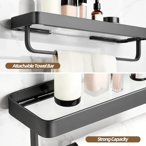 TERRIFI 40 CM Wall Mounted Shower Caddies, 2-Tier Bathroom Shelves with Towel Bar, Tempered Glass Floating Shelf, Black Bathroom Wall Organizer