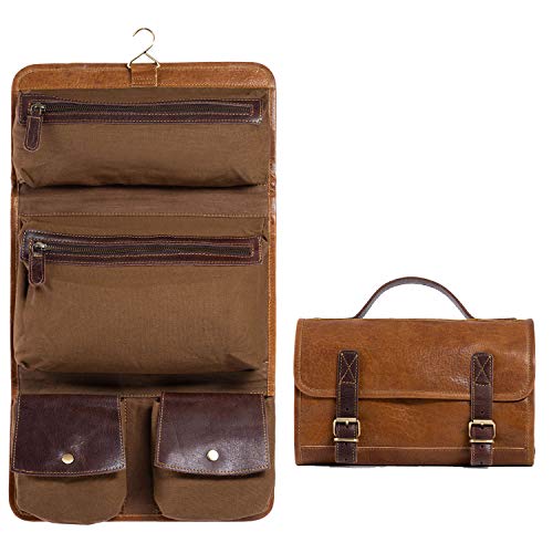 KomalC Premium Buffalo Leather Hanging Toiletry Bag Travel Dopp Kit