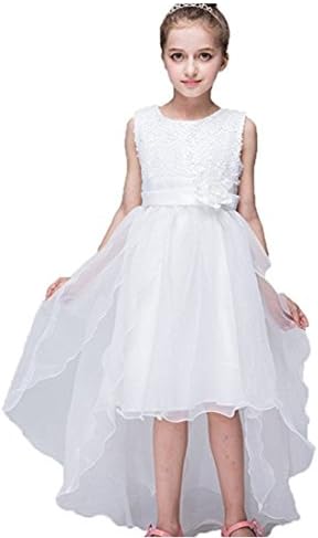 Azhido Kids Flower Sequins Occasion Tailing Dress Girls Pageant Size 6 to 12 (12, White)
