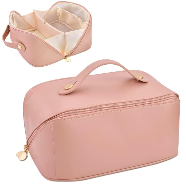 Women Cosmetic Bag Large Makeup Bag with Compartments for Women Girls (Pink)