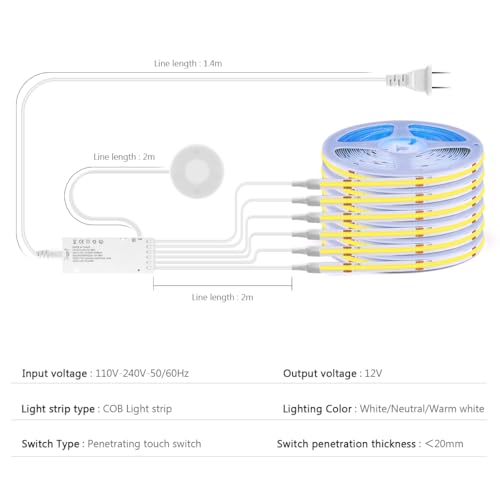 AIMENGTE Luz de Gabinete 12V Tiras de Luces LED COB, Atenuación Táctil Penetrable 6 en 1, Adecuada para Gabinetes de Vino, Zapateros, Vitrinas, Armarios, Gabinetes de Cocina e Iluminación de