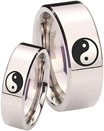 His and Hers 2 pieces Titanium Yin Yang Silver Pipe Cut Wedding Ring Set 6 & 8mm Size 4 to 13