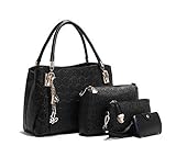 Tibes Stylish Faux Leather Top Handle Purse 4pcs set Satchel Handbag Black