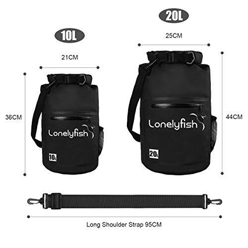 Dry Bag - Waterproof Roll Top Dry Sack with Transparent Window, Exterior Zip Pocket, Long Shoulder Strap for Kayaking, Rafting, Canoeing & Fishing - Waterproof Phone Case Included (dark black, 10L)