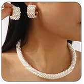 GYRMMUE Pearl Necklace Earring Set for Women Faux Pearl Necklace Earring Chunky Statement Pearls Choker Earring Victorian Jewelry Wedding Birthday Bridal Party Accessories