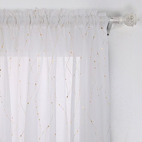 Deconovo Sheer Curtain Rod Pocket Curtains Wave Line with Dots Linen Look Panels Voile Curtains for Living Room 52 x 96 Gold 1 Panel