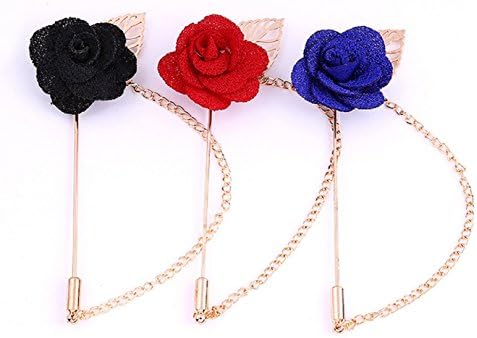 6Pcs Flower Camellia Flower Lapel Brooch with Leaf Pin Accessories for Men's Suit(2pcs Red/2pcs Blue/2pcs Black)